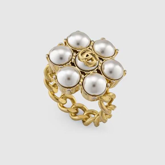 Gucci Double G Flower Pearl Gold GG Ring Medium Authentic - Picture 1 of 4